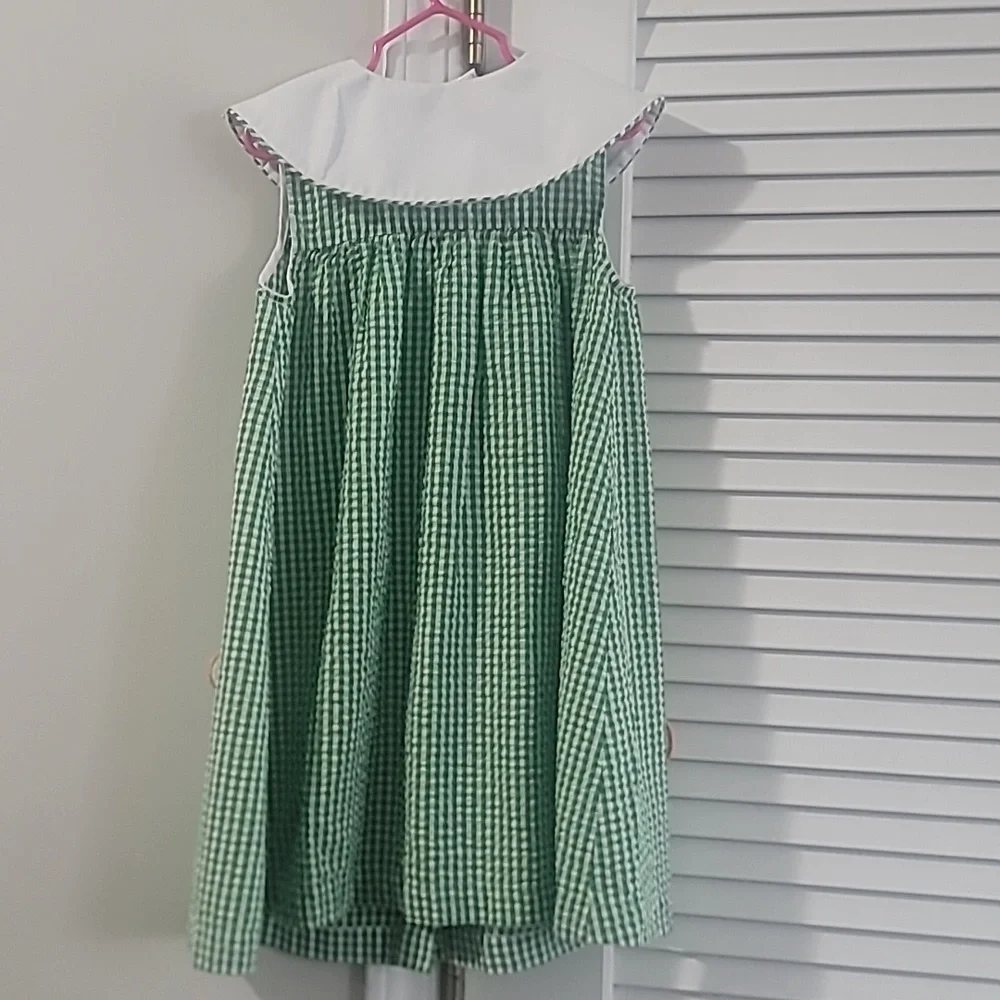 Green Gingham Flower Applique Kids Dress with Peter Pan Collar